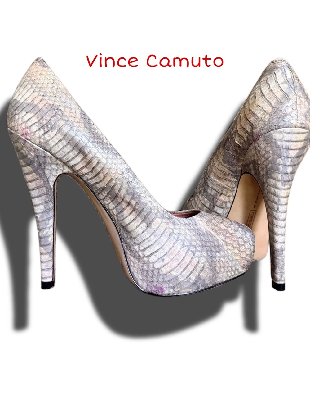 VINCE CAMUTO
 Iridescent Snakeskin-Print Pointed-Toe Pumps